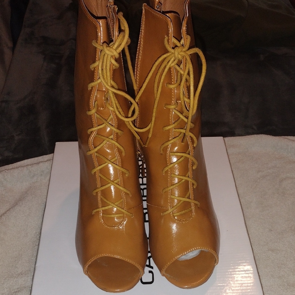 Cape Robbin Tan Lace-Up Peep Toe Ankle Boots